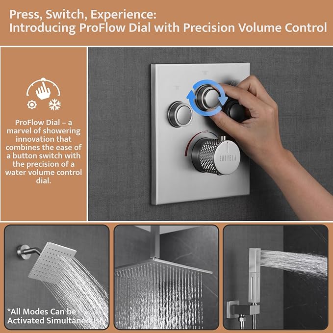 Thermostatic Shower System Brushed Nickel, Push Button Diverter Shower Faucet with 2 in 1 Handheld, Ceiling Mount 12 Inch Shower Head with 6 Inch Wall Mount Shower Head