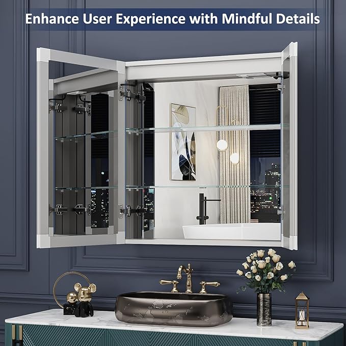 30"×32" Lighted Medicine Cabinet Mirror, Recessed Bathroom Mirror Cabinet with Lights, Defogger, Dimmer, Clock, Built-in Outlet & USB Ports, Wall-Mounted LED Bathroom Mirror, Double Door