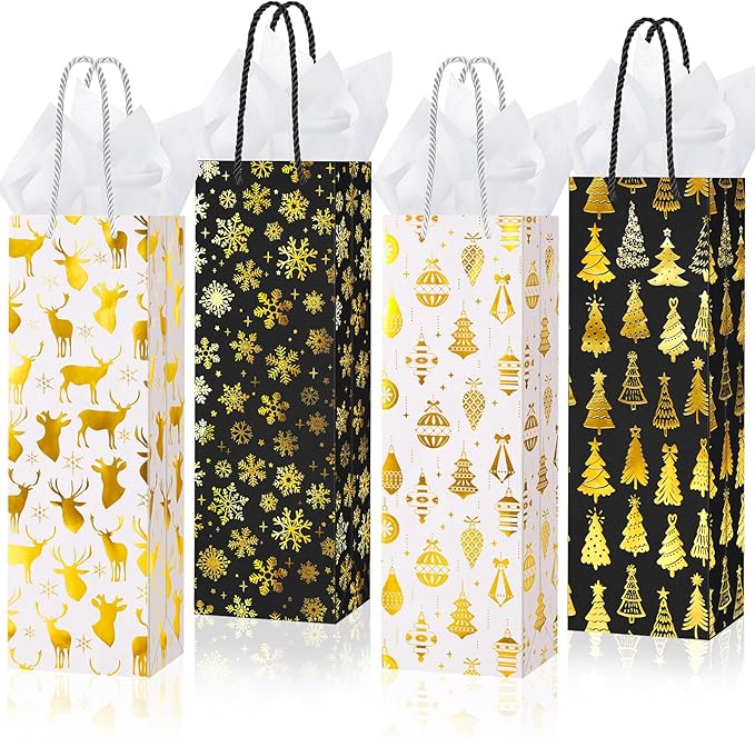 Harloon 32 Pack Christmas Wine Gift Bags Bulk Holiday Wine Bottle Bags with Handles Tissue Paper Metallic Foil Champagne Gift Bags with 4 Designs for Winter Wine Gift Banquet Birthday (Black, Gold)