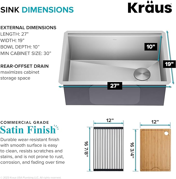 KRAUS KWU110-27 Kore Workstation 27-inch Undermount 16 Gauge Single Bowl Stainless Steel Kitchen Sink with Integrated Ledge and Accessories (Pack of 5)