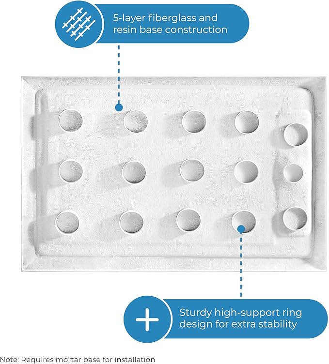 OVE Decors 60-in W x 34-in D Shower Base Pan Rectangle, Hidden Side Drain, White Acrylic, Reversible Design