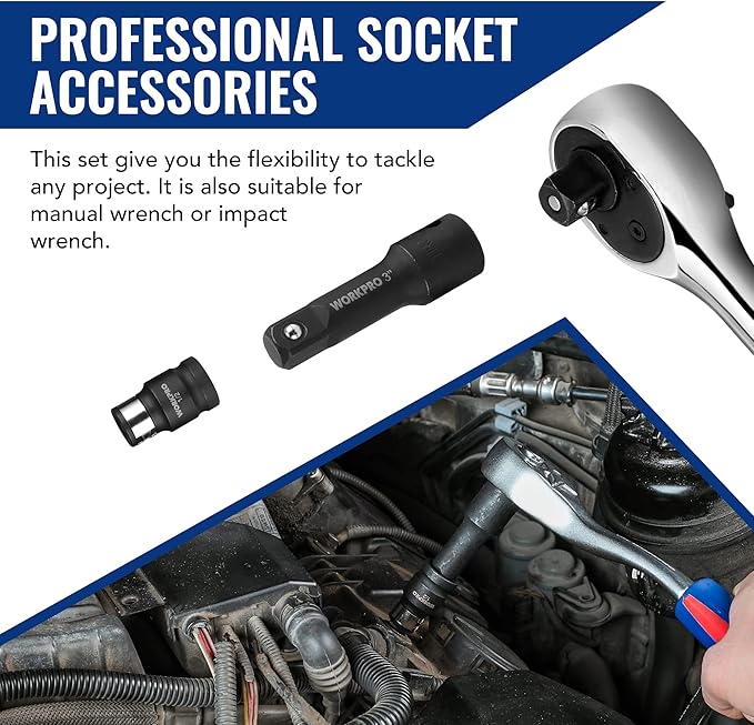 WORKPRO 18-Piece Impact Socket Extension Set, Includes Socket Adapters, Ratchet Extension Set, Socket Extension Bar, Swivel Universal Joints and Impact Coupler, 1/4", 3/8" & 1/2" Drive
