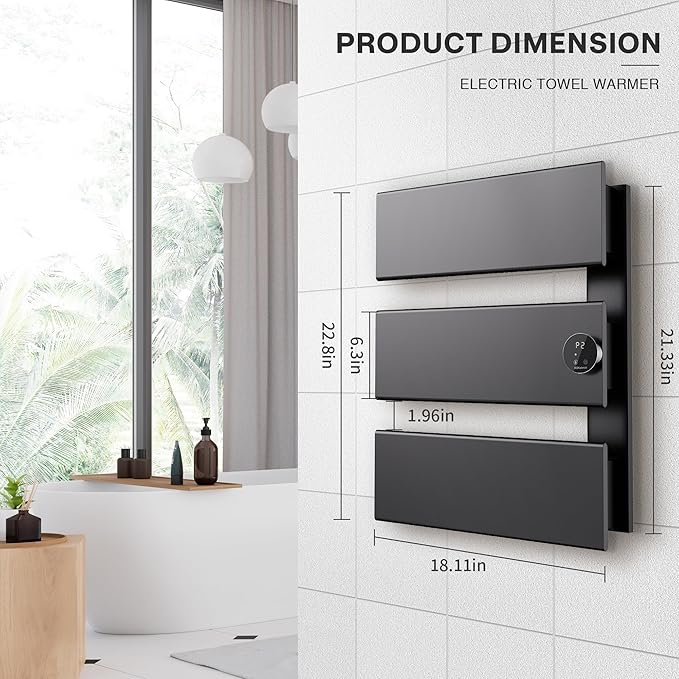 K&KALONZO Electric Towel Warmer, 18.35" W x 22.8" H Wall-Mounted Towel Heater with Built-in Timer, Waterproof Aluminum Towel Warmer for Bathroom, Support Plug-in and Hardwired, Black, K3-R-B