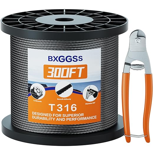 1/8 T316 Black Stainless Steel Cable – 300FT Steel Wire Rope for Cable Railing Kit and Hardware – Heavy Duty, Corrosion-Resistant, Flexible Design for DIY, Marine, and Outdoor Applications