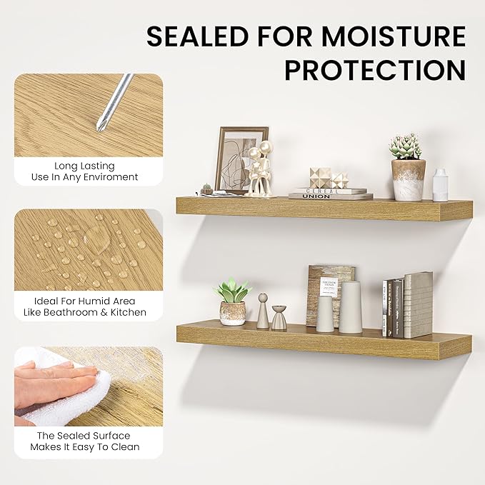 Floating Shelves for Wall, 24" W x 6.7" D x 1.5" H, Wooden Wall Mounted Display Shelves with Invisible Brackets for Living Room, Bedroom, Bathroom, Kitchen Decor and Storage, Set of 2, Oak