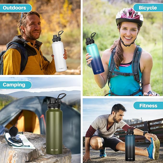 Insulated Water Bottle with Straw&3 Lids 40oz Stainless Steel Water Bottles Metal Water Bottle Double Walled Vacuum Insulated Bottles Thermos Leak-Proof Travel Thermal (Gradient Blue Black)