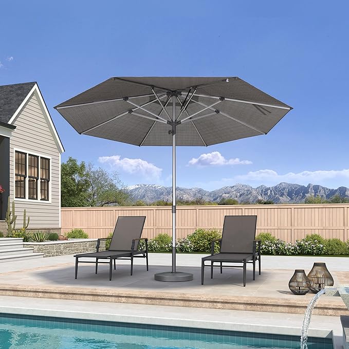 PURPLE LEAF 11.5 FT Semi-Auto Outdoor Patio Umbrella Market Table Sun Umbrellas with 8 Aluminum Sturdy Ribs for Backyard Deck Garden Pool (Silver Pole Gray Canopy)
