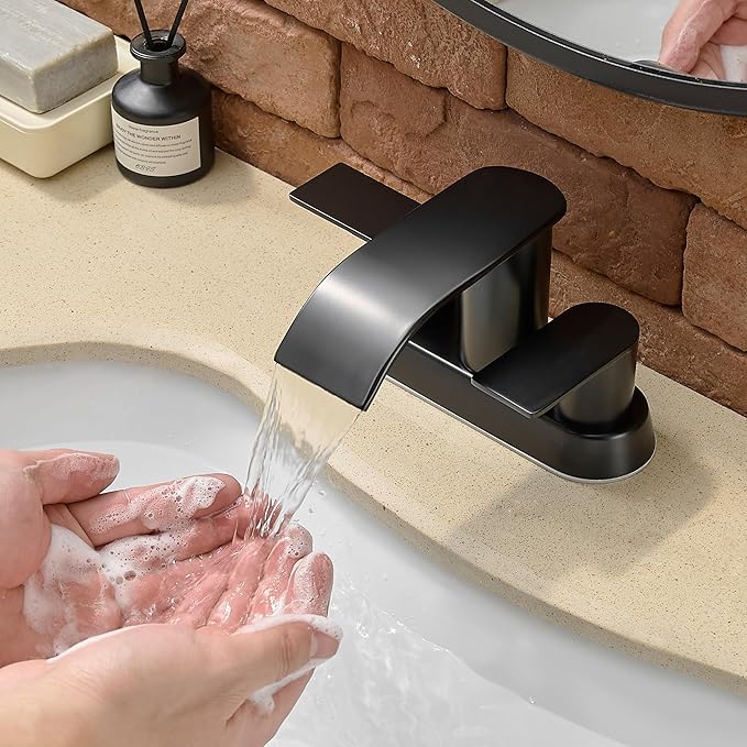 Waterfall Bathroom Sink Faucet 4 Inch Faucet 2 Handle Lead-Free Black, Bathroom Faucet with Water Supply Lines Pop Up Drain, 2 or 3 Holes Bathroom Basin Lavatory Mixer Tap with Deck Mount Plate