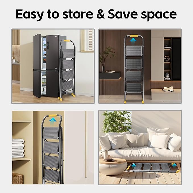 Step Ladder Foldable Folding Stool - for Home Adults Kitchen 4 Stepping Extension Tall Heavy Duty with Handrails - Closet Stepstool Stair Ladders Extendable Stepladder for Indoor House 600Lbs