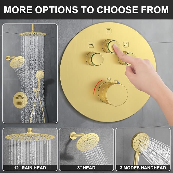 KOJOX Brushed Gold Thermostatic Shower System, Push Button Diverter Shower Faucet Set with 12" Ceiling Mount Rain Shower, 8" Wall Mount Shower Head, and 3-in-1 Handheld Spray