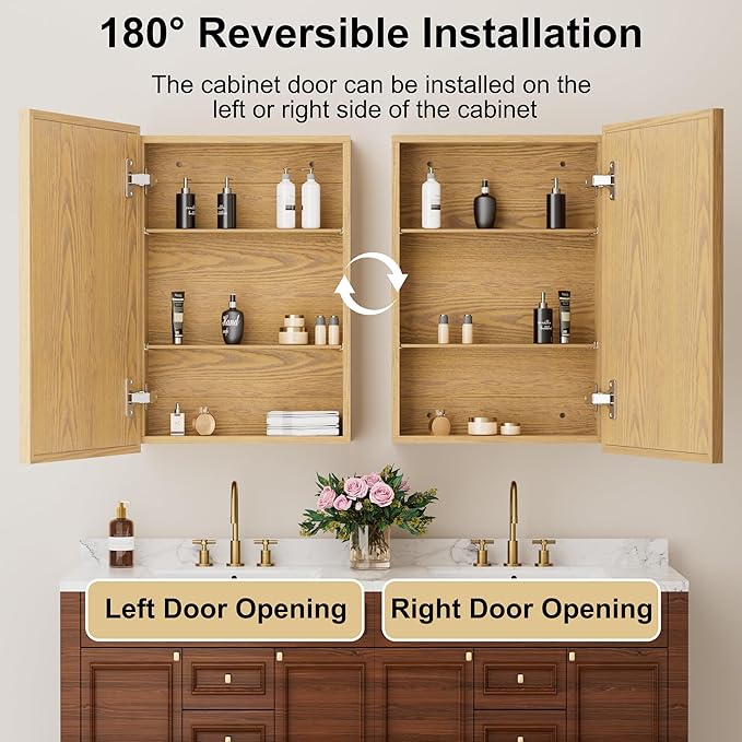 16x24 Inch Wooden Medicine Cabinet with Mirror, Surface or Recessed Mounted Bathroom Cabinets with Door, Adjustable Tempered Glass Shelves, Soft-Close Hinge, Wall Storage, Oak Wood Frame