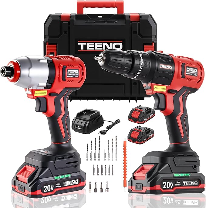 Cordless Drill and Impact Driver, Electric Drill and Impact Driver Combo Kit with 3/8-inch Electric Drill and 1/4-inch Impact Driver with 2 * 1.5A Batteries