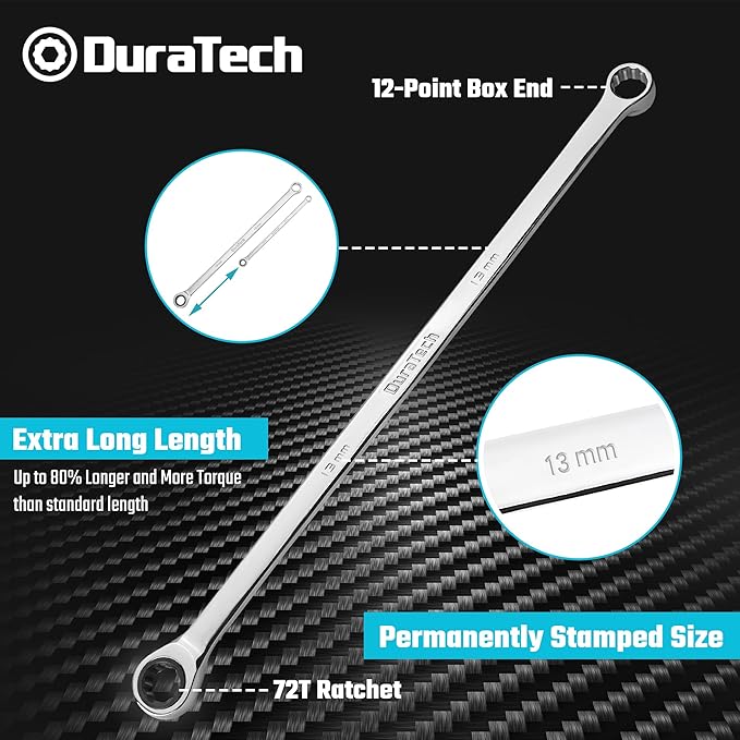 DURATECH 13mm Extra Long Ratcheting Wrench, Metric, CR-V Steel