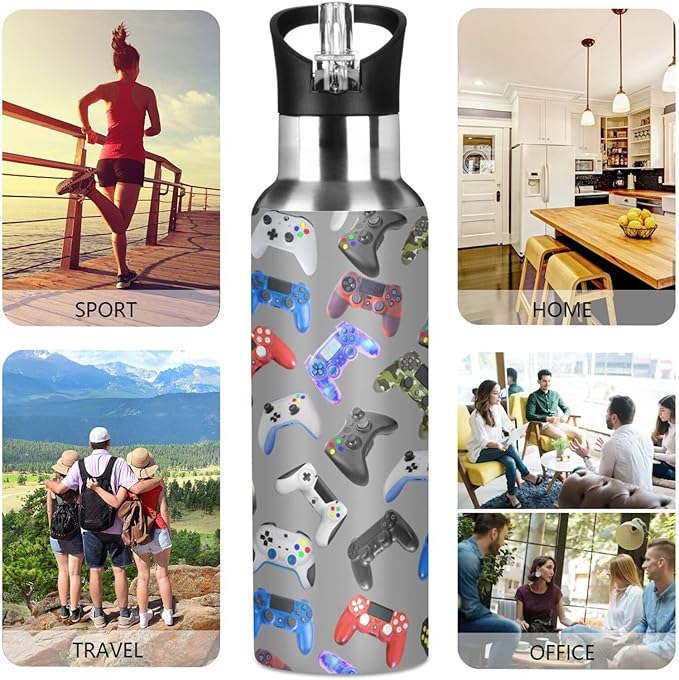 Gamer Gaming Weapon Gamepad Stainless Steel Water Bottle with Straw Lid - 20 Oz Sports Insulated Water Bottle Thermos for Sport Gym Outdoor Travel School