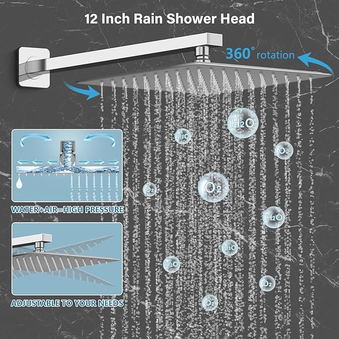 Shower Faucet Set Bathroom Square Rain Shower Head and Handle Set, Wall Mounted Shower Fixtures With Shower Valve and Trim Kit 12 inch Brushed Nickel