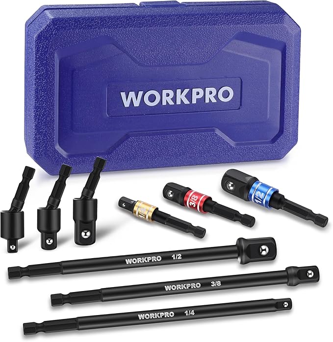 WORKPRO Impact Grade Socket Adapter Set (Basic/Swivel/Long), 1/4", 3/8", & 1/2" Drive, Extension Driver Bit With Case, for Power Drill to High Torque Impact Wrench, 9PCS
