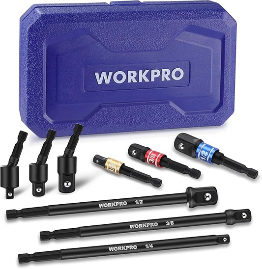 WORKPRO Impact Grade Socket Adapter Set (Basic/Swivel/Long), 1/4", 3/8", & 1/2" Drive, Extension Driver Bit With Case, for Power Drill to High Torque Impact Wrench, 9PCS