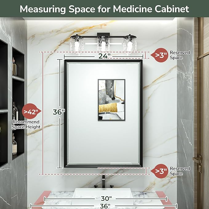 TokeShimi 24x36 Recessed Medicine Cabinet with Mirror Wall Mounted, Aluminum Alloy Black Mirrored Medicine Cabinet, Metal Beveled Mirror with Storage for Bathroom Vanity