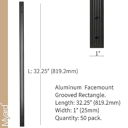 Myard 32-1/4 Inches Grooved Traditional Rectangle Aluminum Deck Balusters Furniture with Screws for Wood Composite Facemount Railing, Classic Geometric Style (50-Pack, Matte Black)