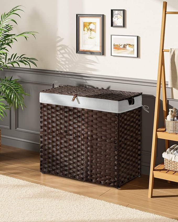 Greenstell Laundry Hamper with lid, No Install Needed, 130L Wicker Laundry Baskets Foldable 2 Removable Liner Bags, 2 Section Clothes Hamper Handwoven Rattan Laundry Basket with Handles, Brown