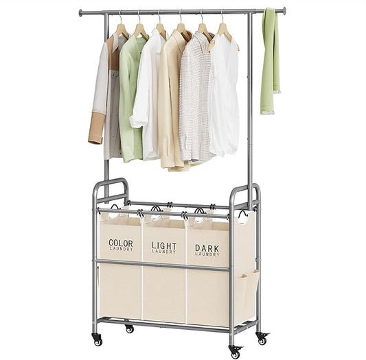 Tajsoon Laundry Hamper with Hanging Rack, 3 Section Laundry Sorter with Heavy Duty Lockable Wheels, Laundry Basket Organizer for Dirty Clothes Storage, 3 Beige
