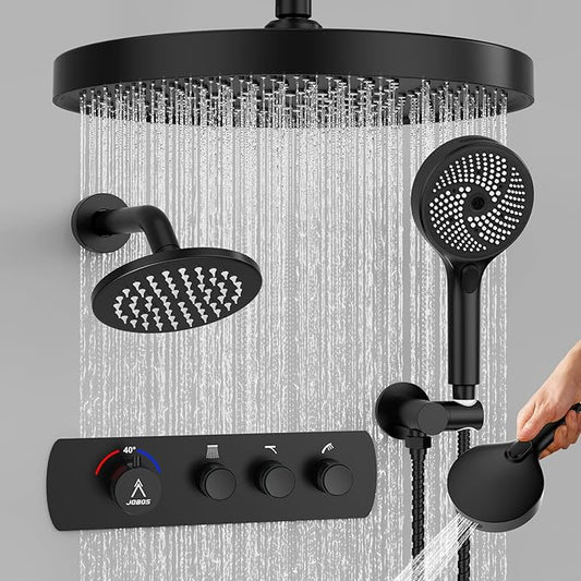Shower System Brass Thermostatic Shower Faucet Set With Valve and Diverter Shower Mixer with 2 Rain Shower Head and Multi-function Handheld Head(Matte Black)