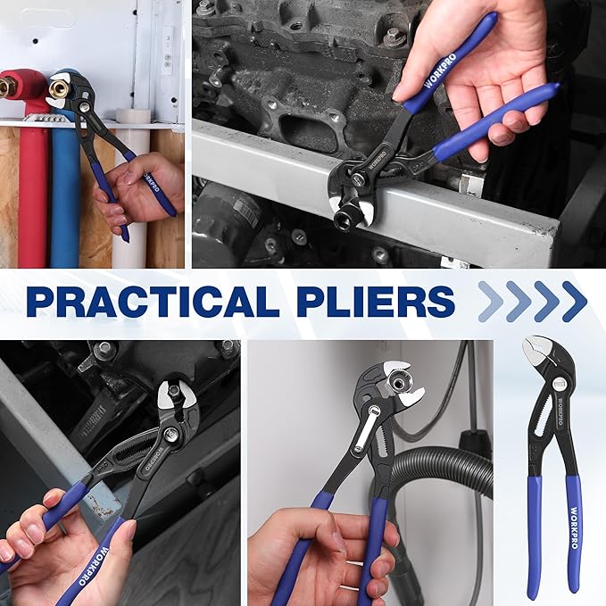 WORKPRO Slip Joint Pliers, 10" Quick Adjustable Pliers, Upgraded 50mm Wide Opening Water Pump Plier, V-Jaw Groove Joint Plier for Home and Industrial Repair, CR-V Steel, Dual Serrated, Soft Grip