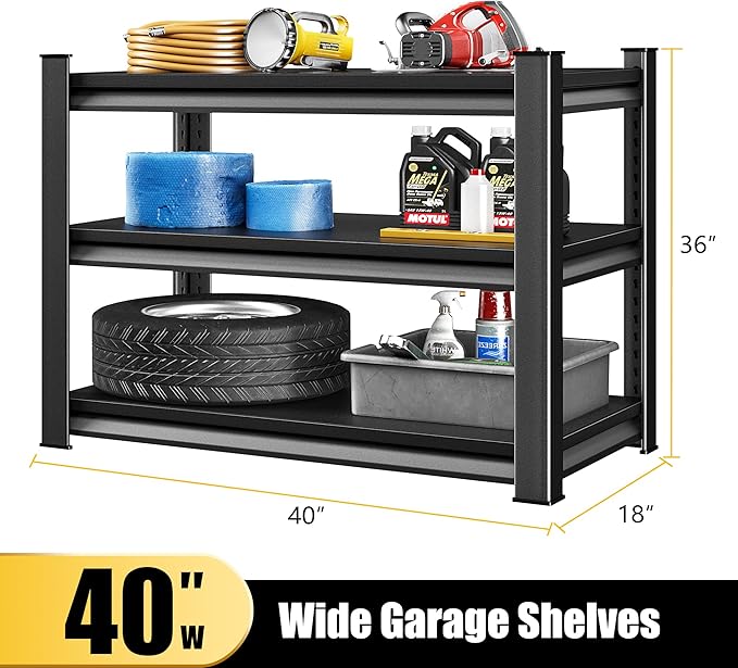 40" W Garage Shelving Heavy Duty, 1440LBS Loads Garage Storage Shelves Heavy Duty, 3-Tier Metal Shelving Units and Storage Racks, Industrial Utility Shelf,40" Wx18 Dx36 H, Black