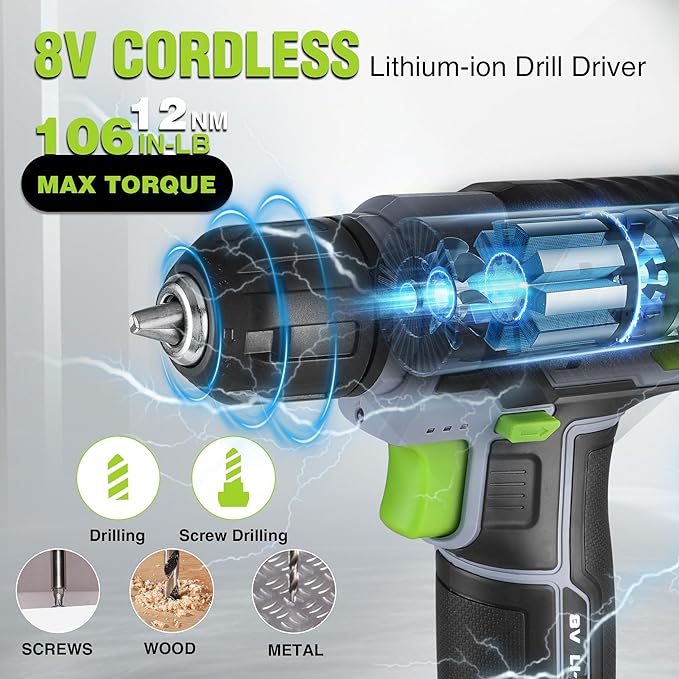 WORKPRO 43PCS Cordless Lithium-ion Drill Driver & Toolbox, 8V 2.0 Ah Power Drill Set with Household Hand Tool Kit, Battery Powered Screwdriver with Stackable Tool Box