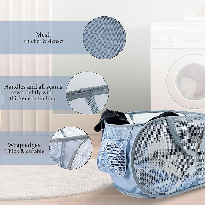 Extra Large Mesh Pop Up Laundry Hamper 2 Pack, 100L Foldable Laundry Baskets, Dirty Clothes Hamper with Pocket, Collapsible Hampers for Travel, Nursery, Dorm or Home. Grey 2H