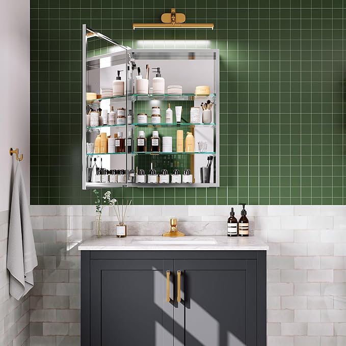 20''×30'' Mirrored Medicine Cabinet,Vanity Mirror with Door, Storage Cabinet for Bathroom, Adjustable Shelves, Blum Hinge Soft Close Door, Left Swing