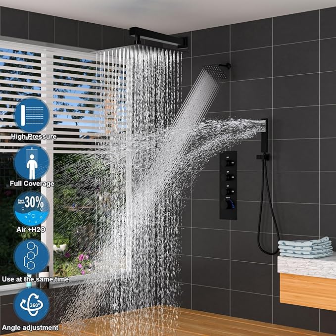Enga Thermostatic Dual Shower System, 12"+6" Wall Mount Dual Rain Shower Faucet, All Functions Use Together & Volume Adjustable, Matte Black