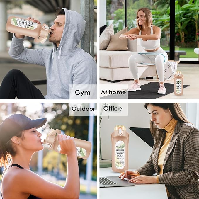 32 oz Glass Water Bottle with Time Marker - 1000ml Large Sports Motivational Water Bottles with Handle & Silicone Case, 1 Liter Leak-proof Measured Drinking Bottle for Gym Fitness Workout (Coffee)