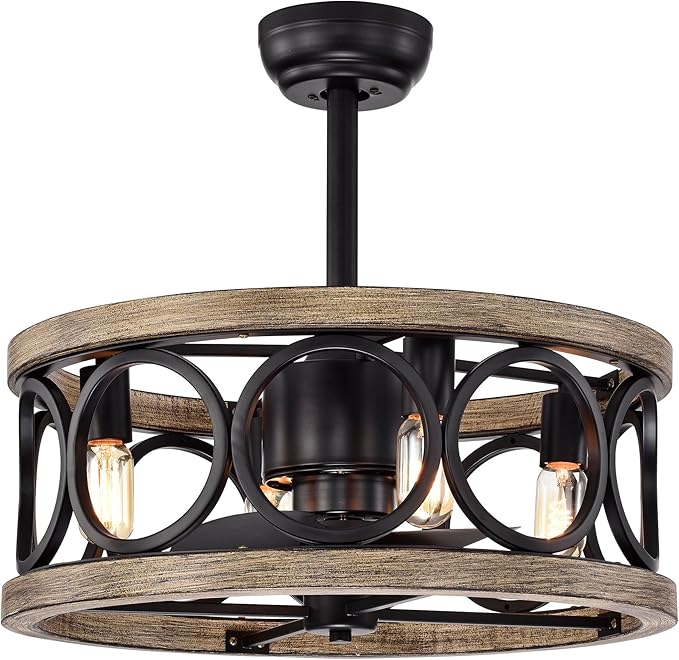 Catrin Wood Grain Ceiling Fan 21-Inch 4-Light Open Metal Drum Shade (Includes Remote)