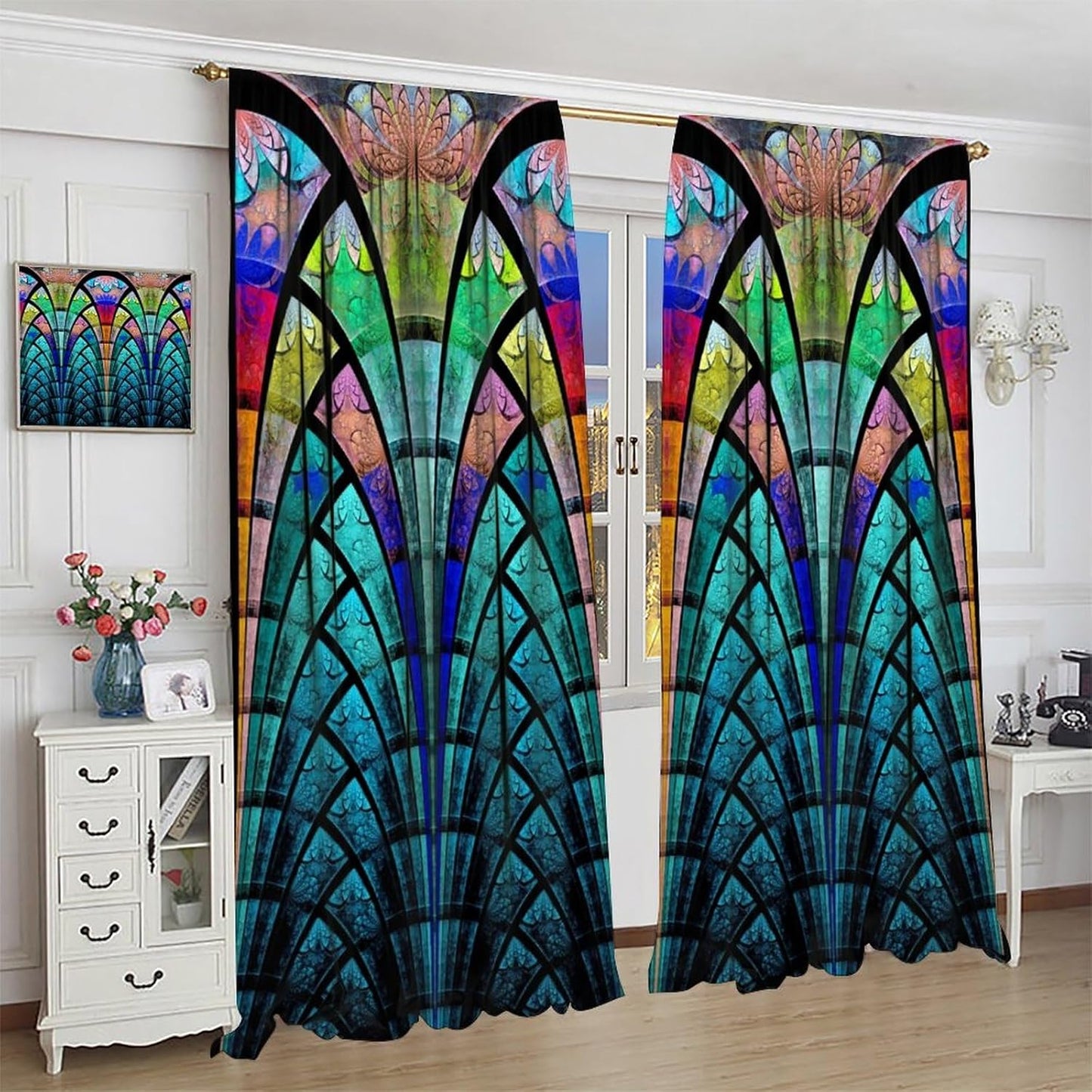 Stained Glass Curtains,Retro Design Style Colorful Abstract Art Home Decor Drapes for Bedroom Living Room Kitchen Window Treatment 2 Panels Set Total Size 42" W X 45" L Inch