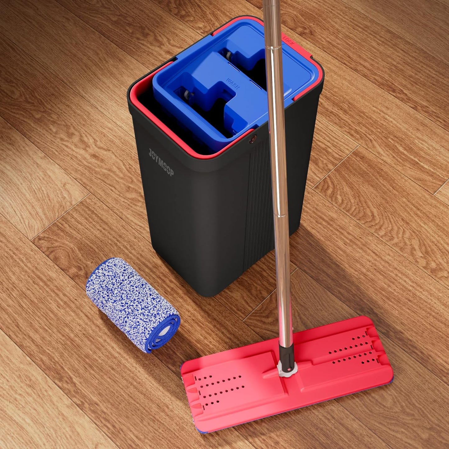 JOYMOOP Mop and Bucket with Wringer Set, Hands Free Flat Floor Mop and Bucket, with 6 Washable Microfiber Pads, Wet and Dry Use, Floor Cleaning System - Black+Red+Slate Blue