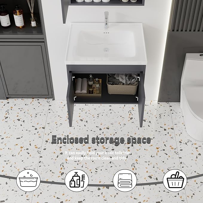 24'' Bathroom Vanity with Ceramic Sink Combo, Wall Mounted Small Bathroom Vanity with Soft-Close Door Modern Floating Cabinet, Pop-up Drain, P-Trap Included, Gray(No Faucet)