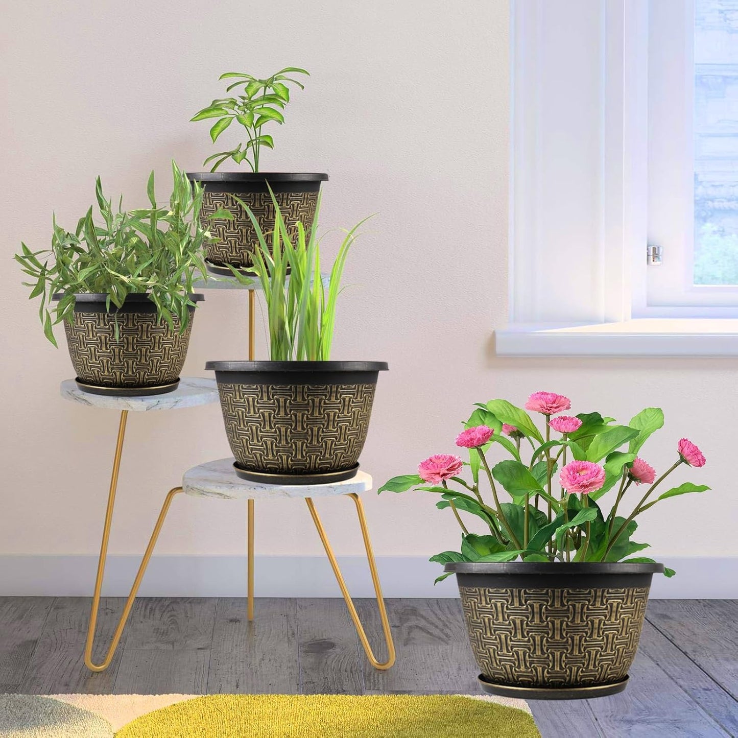 8 Inch Plant Pots, 4 Pack Flower Pot Outdoor with Drainage Holes & Trays, Retro Antique Imitation Decorative Garden Plastic Planters Pots for Plants Indoor Sets for Houseplants