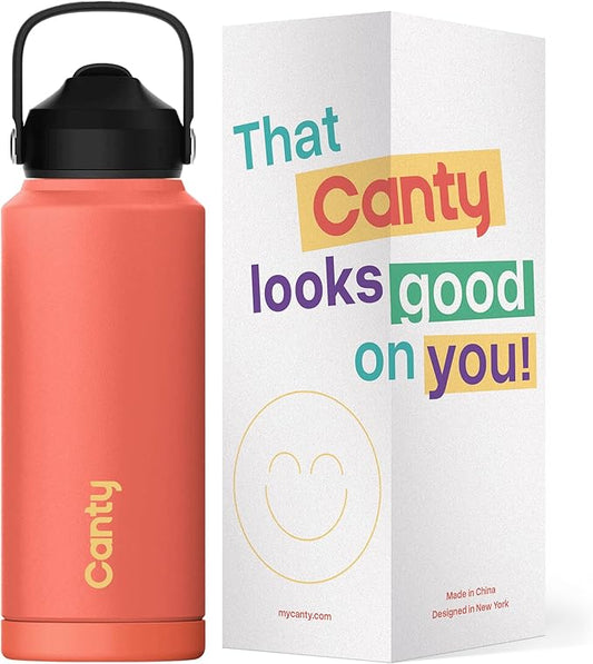 Canty Stainless Steel Water Bottle with Straw, Anti-Slip Base and Giftable Full Colored Box, Great for Travel (Coral, 32 Oz)