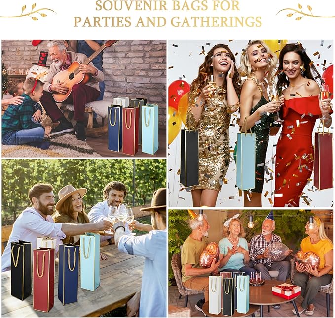 Fumete 50 Pack Wine Bottle Gift Bags Paper Wine Gift Bags Bulk 13.8x3.7x3.5 Wine Bags with Handles Appreciation Gifting Bags for Christmas Wedding Anniversary Birthday Party(Retro Colors)