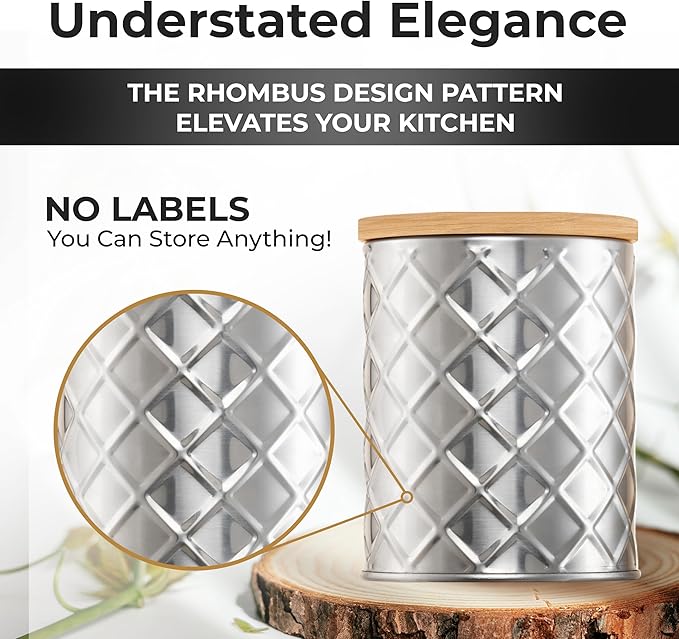 Pebble & Stem® Silver Stainless Steel Canister Set for Kitchen Counter, Food-Grade Canister Set of 4, Airtight Lids, Sugar and Flour Containers for Countertop, Coffee and Tea Storage, Farmhouse Decor