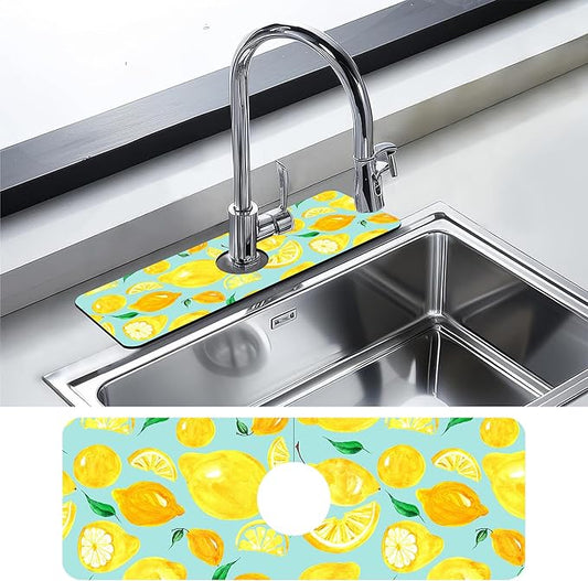 Kitchen Sink Splash Guard Faucet Mat Watercolor Lemon Citrus Sink Splash Guard Behind Faucet,1 PC Soft Diatom Mud Non-Slip Mat-for Kitchen,Dish Drying Mat,Bathroom Faucet Mat 15.5""X5.5""