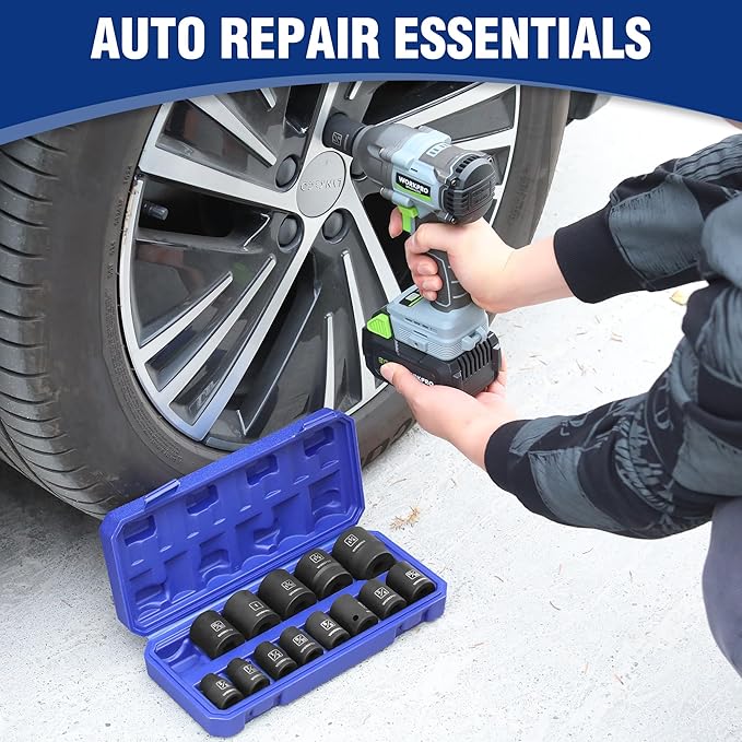 WORKPRO 1/2” Drive Shallow Impact Socket Set, SAE Cr-V Steel 6-Point Socket Set with Storage Case for Automotive Maintenance and Repairs (14PCS 3/8”-1-1/4")
