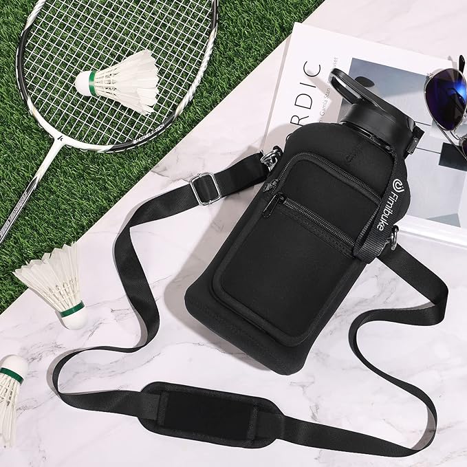 Fimibuke Half Gallon Water Bottle with Sleeve 64 OZ Water Bottle with Handle & Straw Leakproof Motivational Sports Gym Water Bottle with Time Marker BPA Free Water Jug with Reusable Neoprene Holder