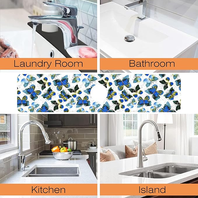 Kitchen Faucet Mat Colorful Butterfly Animals Kitchen Sink Splash Guard Faucet Mat,1 PC Splash Guard Behind Faucet Drip Catcher for Kitchen,Dish Drying Mat,Bathroom Faucet Mat 23.5""X5.5""