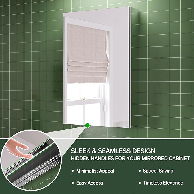 16’’×24’’ Bathroom Mirrored Cabinet Soft-Close Medicine Cabinet, Vanity Mirror for Bathroom, Adjustable Shelves, Recessed/Surface Mount, Blum Hinge, Left Swing