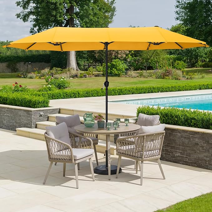 HERA'S PALACE 13 Ft Double-Sided Twin Patio Umbrella, Outdoor Double Sided Market Patio Umbrella with Crank, Powerful UV Protective (Gold Yellow)