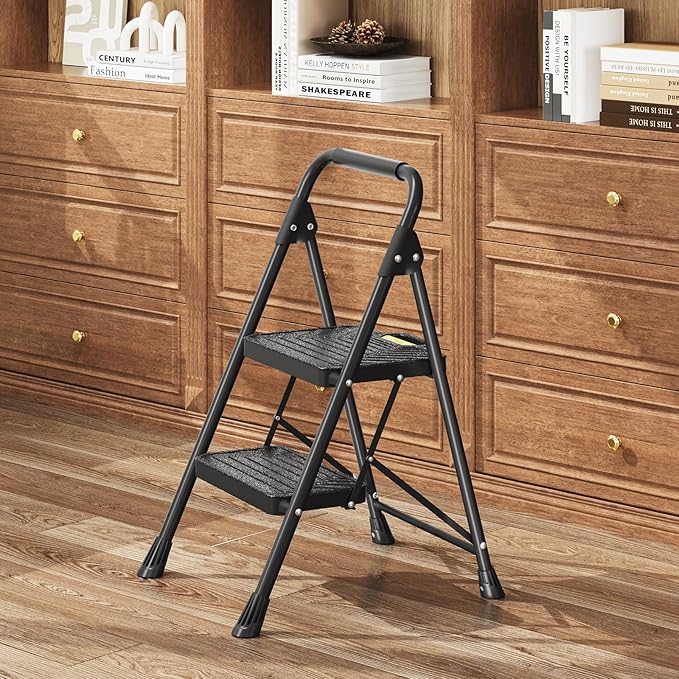 KINGRACK 2 Step Ladder, Sturdy Steel Step Stool with Anti-Slip Wide Pedals, Handrail, Safe-Lock Design, Pass 800lbs Load Testing, Folding Portable Ladder for Multi-Purpose, Home, Kitchen, Black