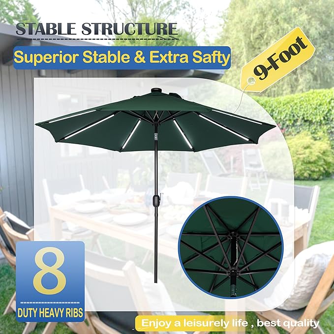 Sunnyglade 9FT Outdoor Solar LED Lighted Patio Umbrella with 8 LED Strip Lights & 8 Ribs, Convenient Crank Lift System