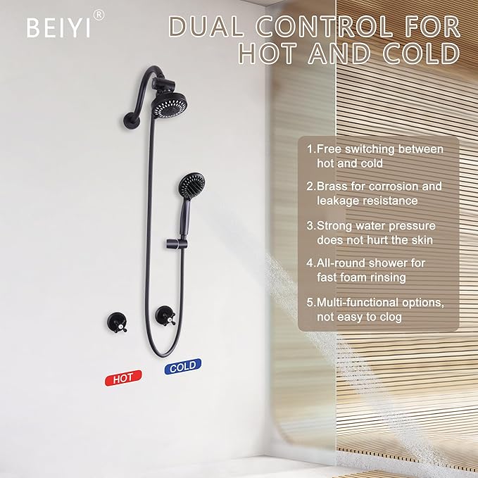 2 Handle Shower Faucet Set, Matte Black 5 Mode Shower Faucet Sets Complete Two Handle Shower Head and Handle Set Bathroom Shower Trim Kit with Rough-in Valve